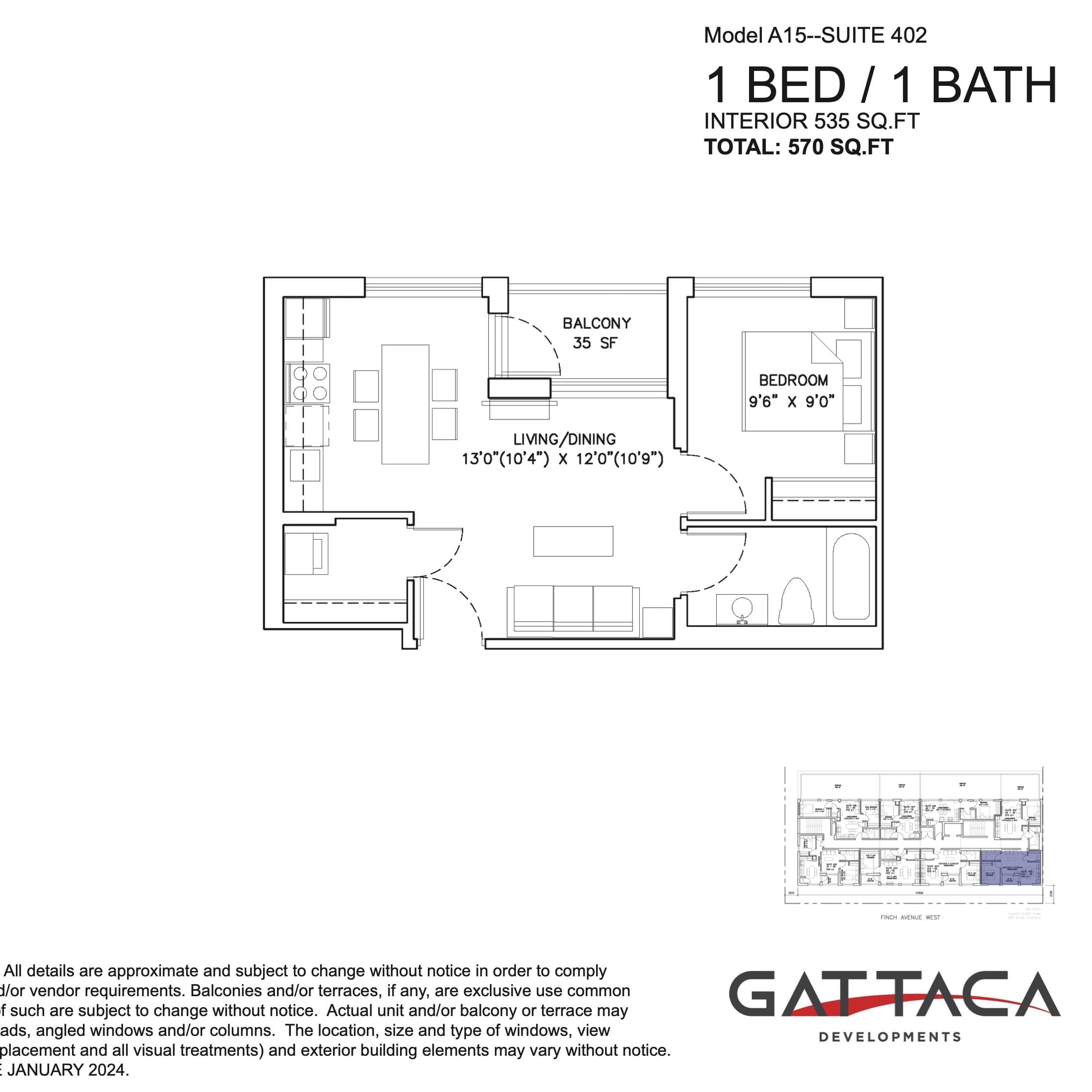 Model A15 - Suite 402 (Penthouse) Floor Plan at Gallery Condos by Gattaca Homes - 535 sq.ft