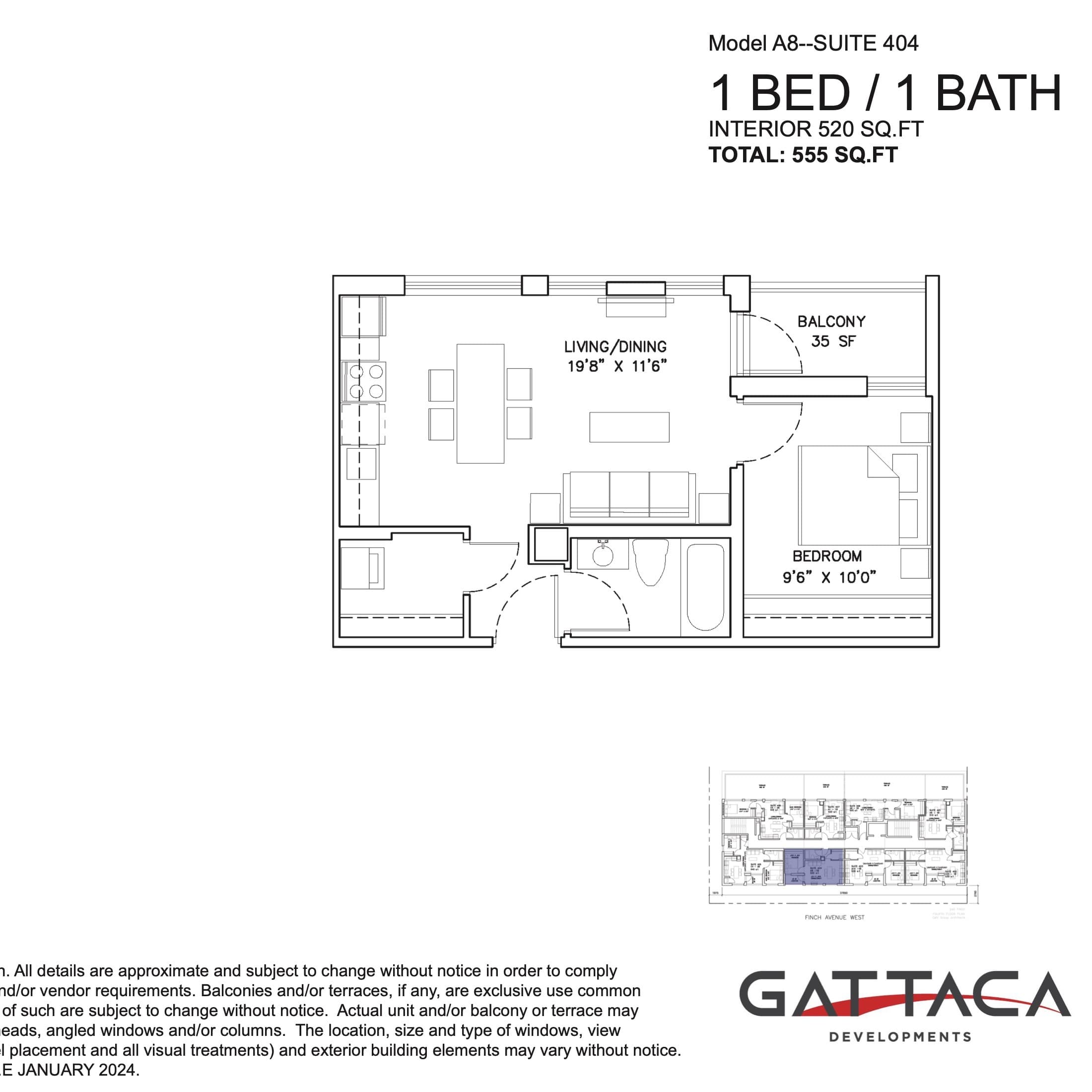 Model A8 - Suite 404 (Penthouse) Floor Plan at Gallery Condos by Gattaca Homes - 520 sq.ft
