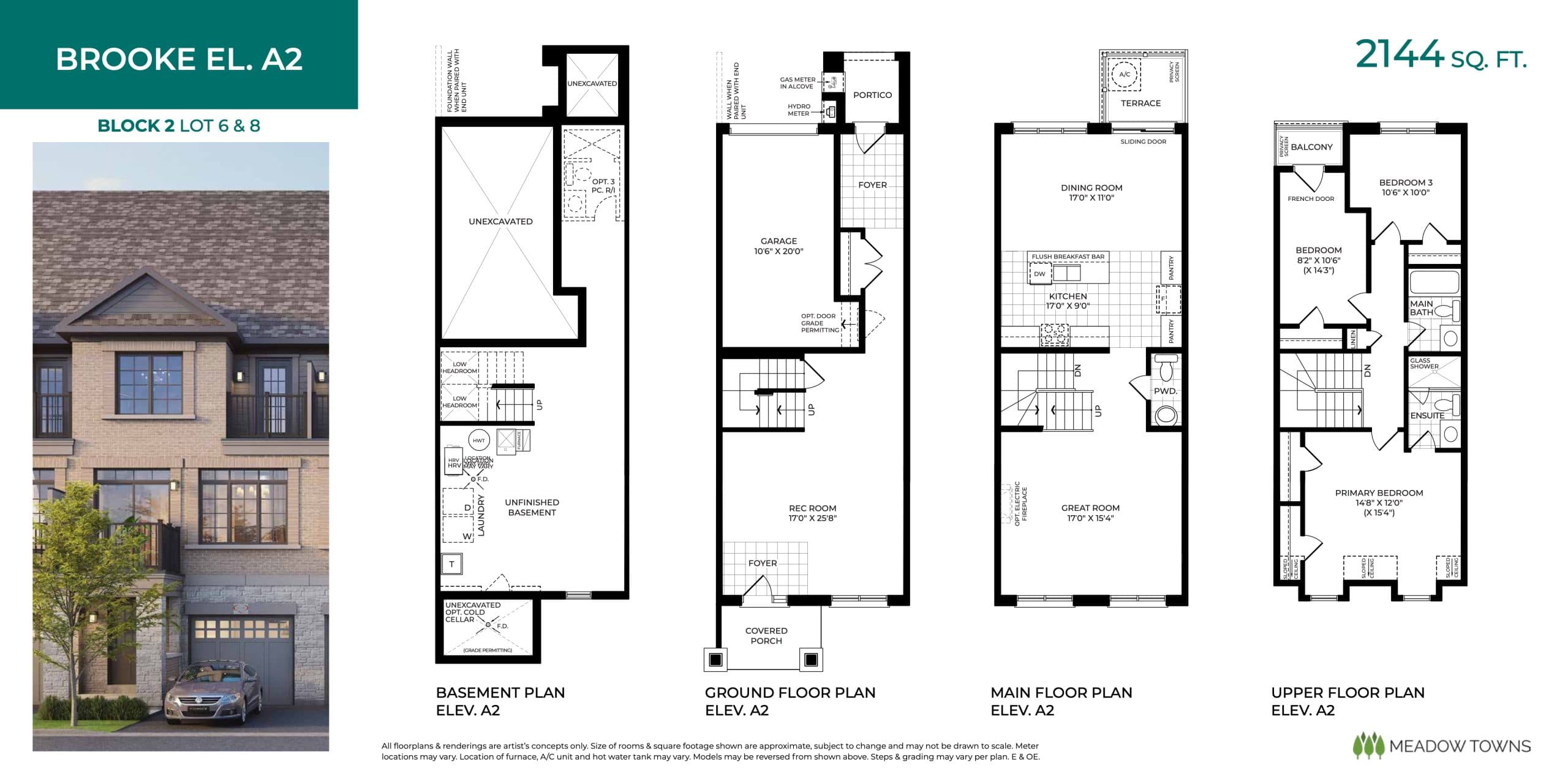 Brooke El. A2 Floor Plan at Meadow Towns - 2144 sq.ft
