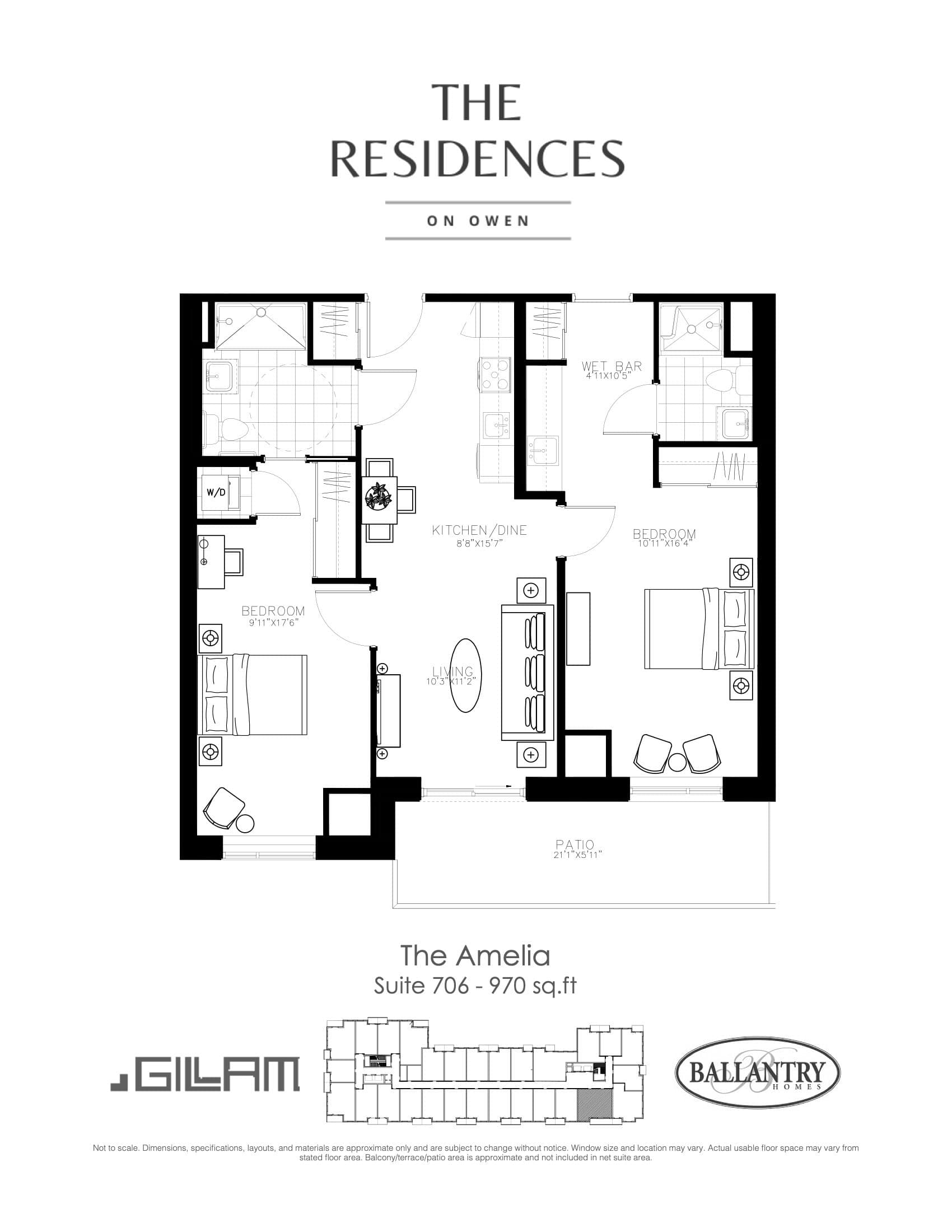 The Amelia - Suite 706 Floor Plan at The Residences on Owen Condos - 970 sq.ft