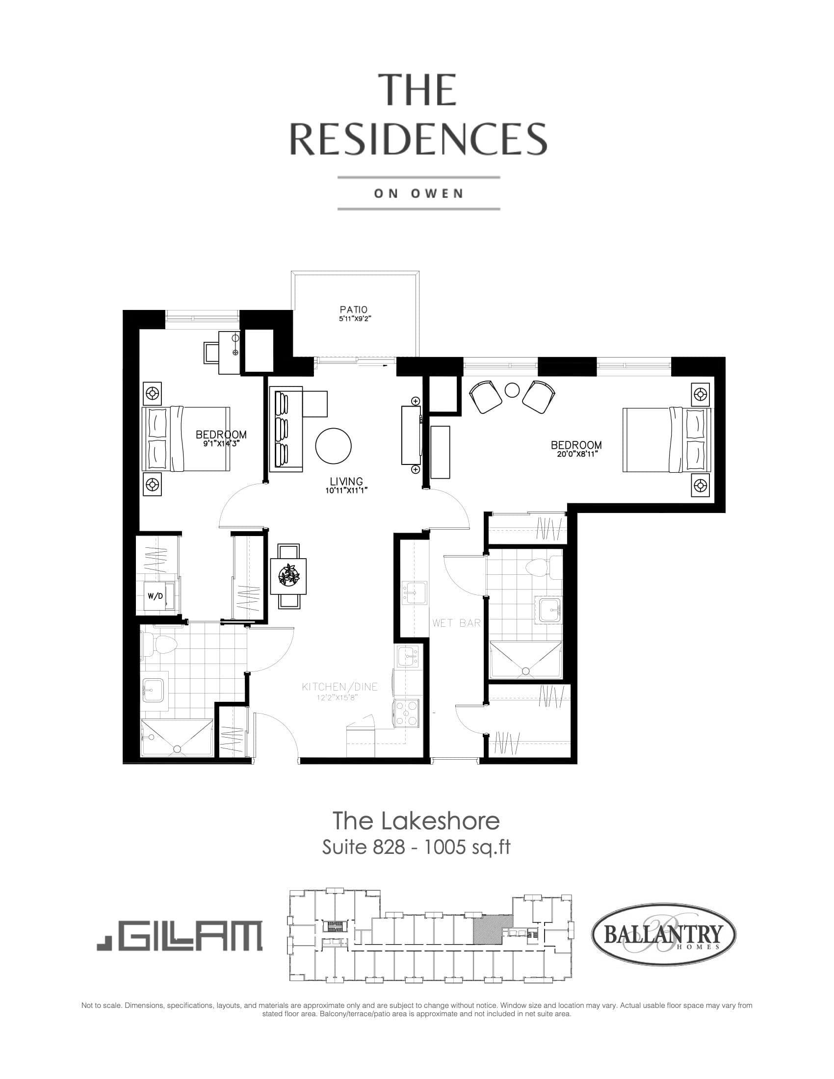 The Lakeshore - Suite 828 Floor Plan at The Residences on Owen Condos - 1005 sq.ft