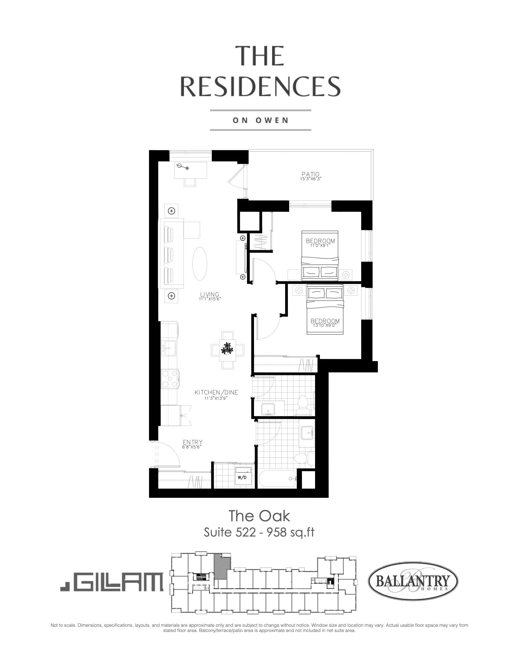 The Oak - Suite 522 Floor Plan at The Residences on Owen Condos - 958 sq.ft