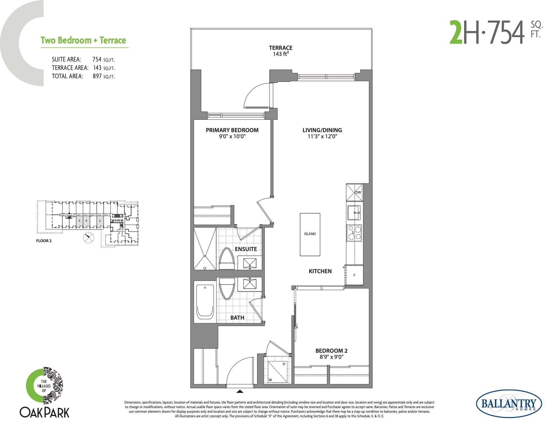 2H Floor Plan at The Villages of Oak Park Condos - 754 sq.ft