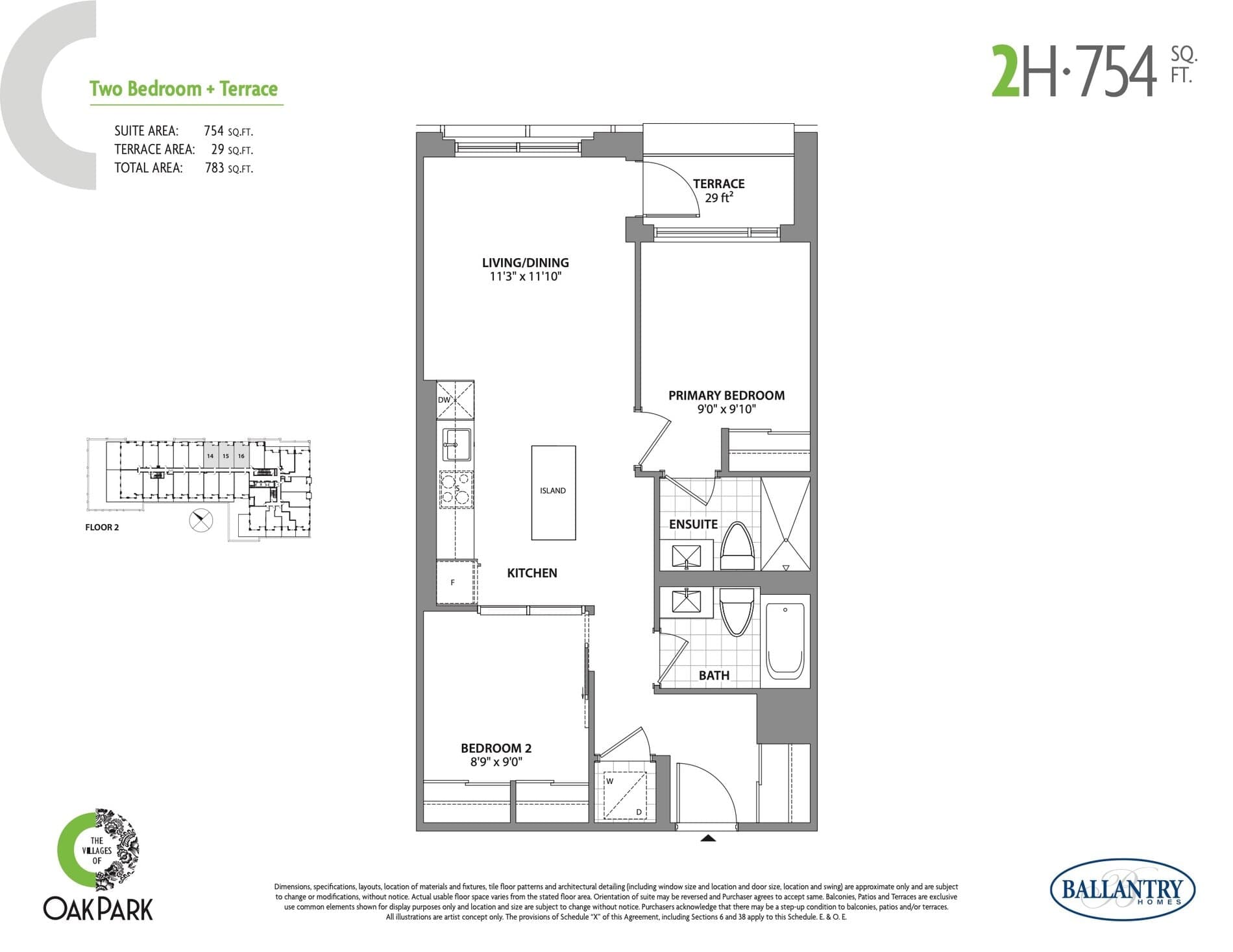 2H Floor Plan at The Villages of Oak Park Condos - 754 sq.ft
