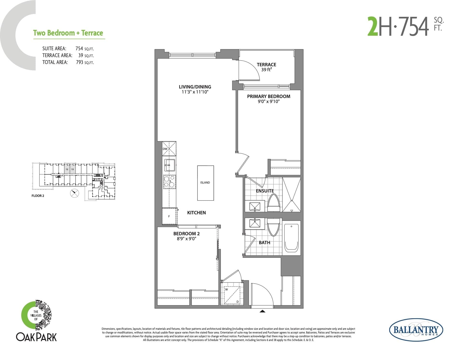 2H Floor Plan at The Villages of Oak Park Condos - 754 sq.ft