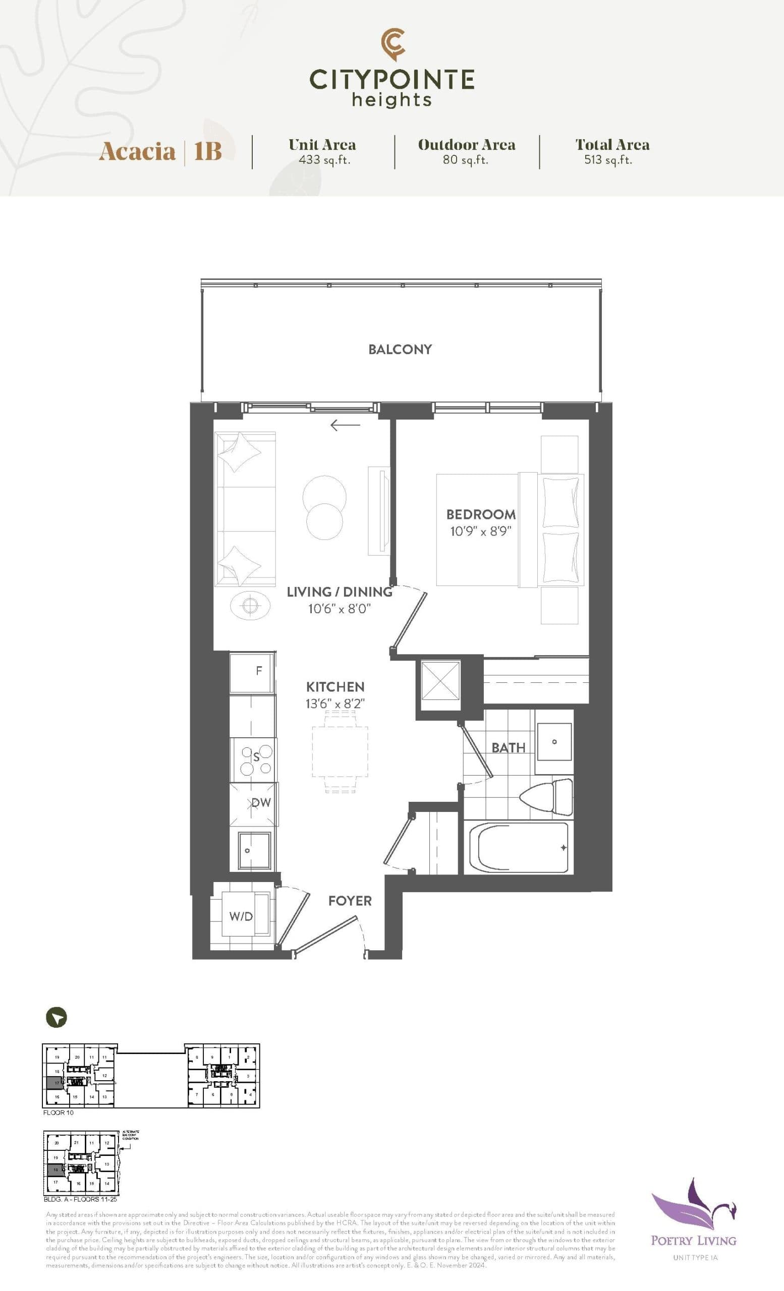Acacia Floor Plan at CityPointe Heights Condos - 433 sq.ft