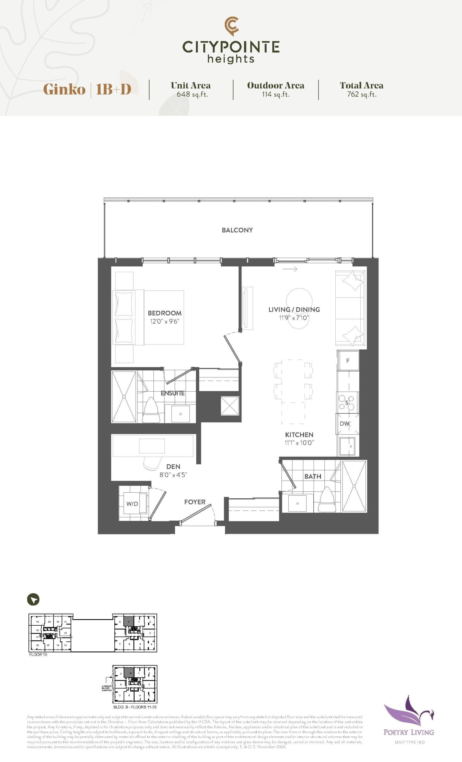 Ginko (Balcony) Floor Plan at CityPointe Heights Condos - 648 sq.ft
