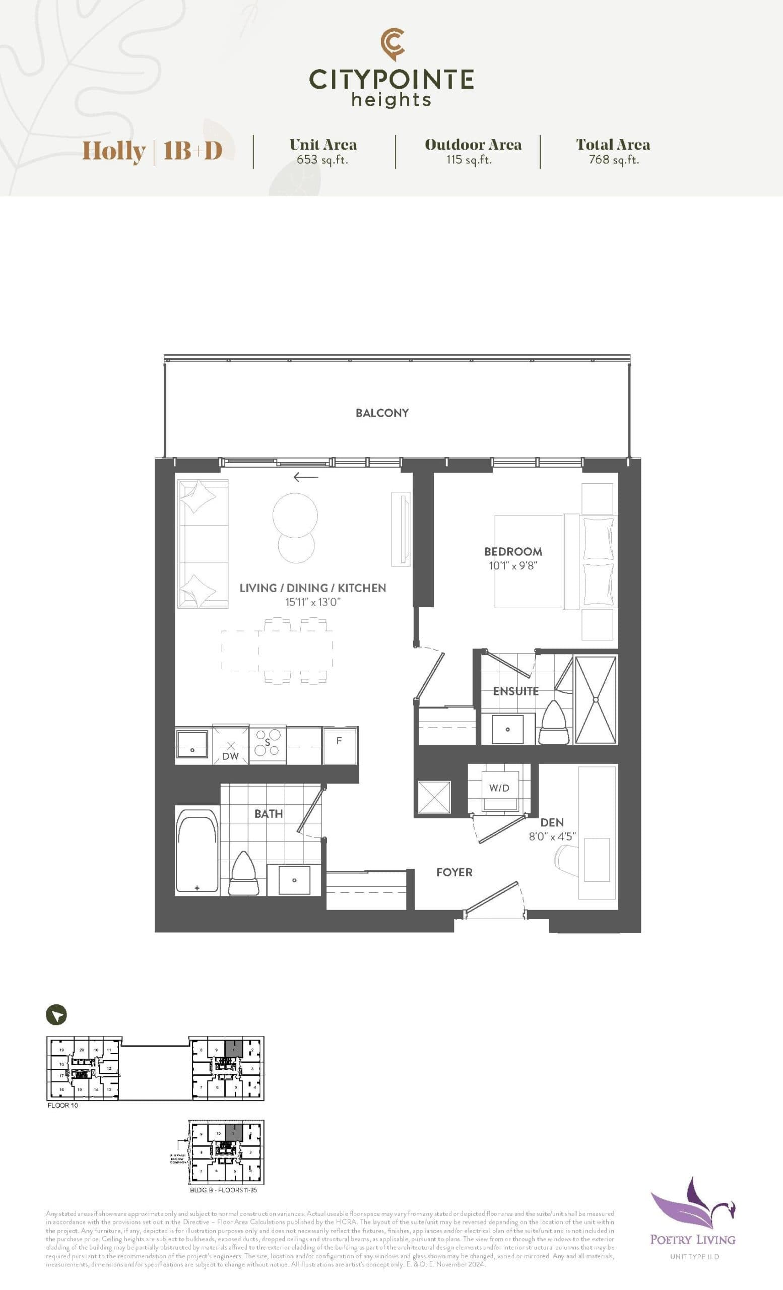 Holly Floor Plan at CityPointe Heights Condos - 653 sq.ft