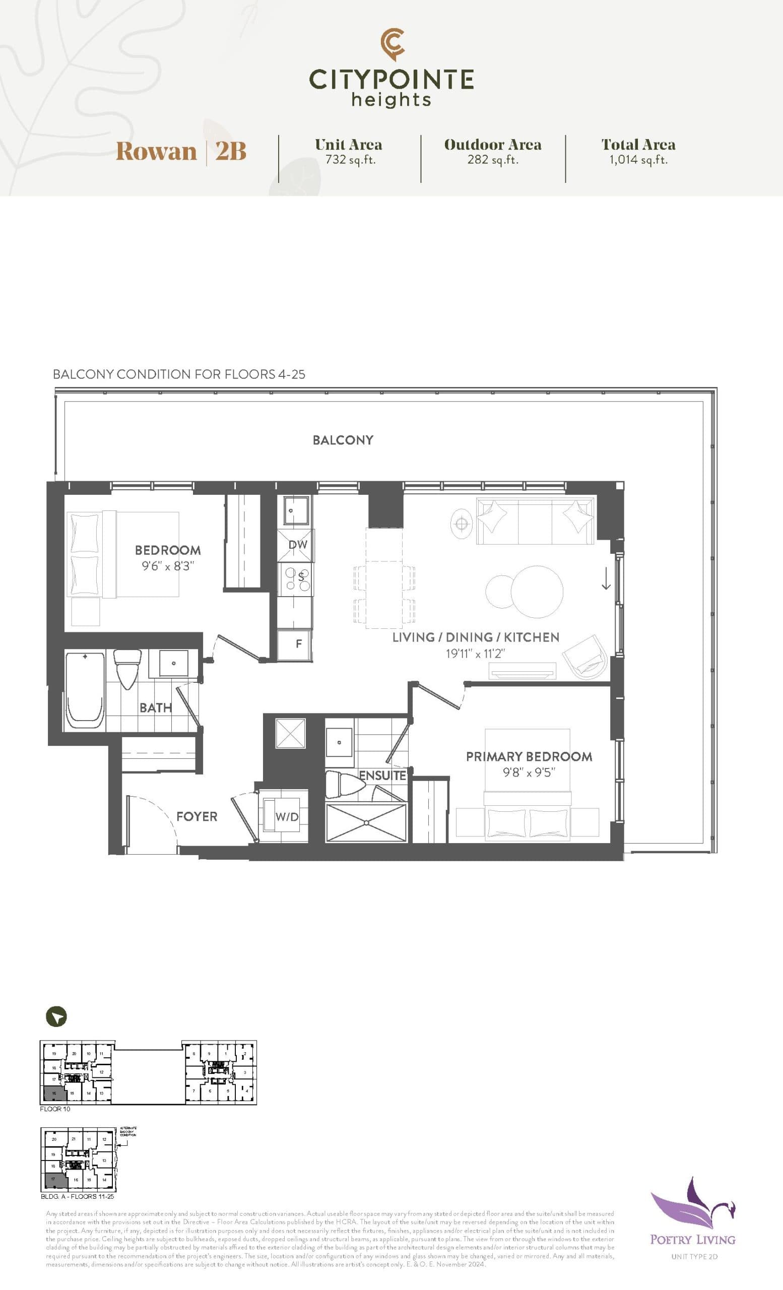 Rowan (Balcony) Floor Plan at CityPointe Heights Condos - 732 sq.ft