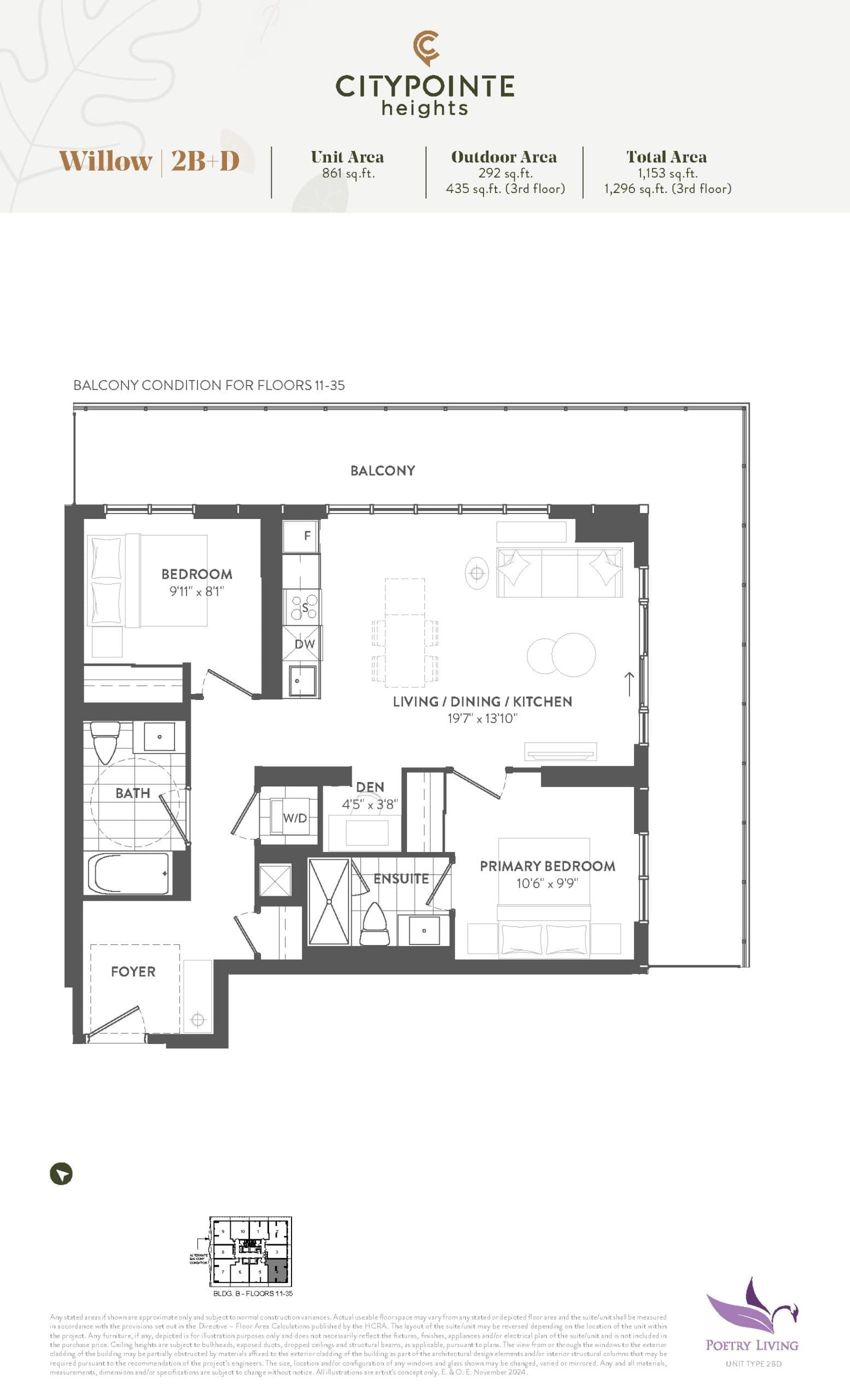 Willow (Balcony) Floor Plan at CityPointe Heights Condos - 861 sq.ft