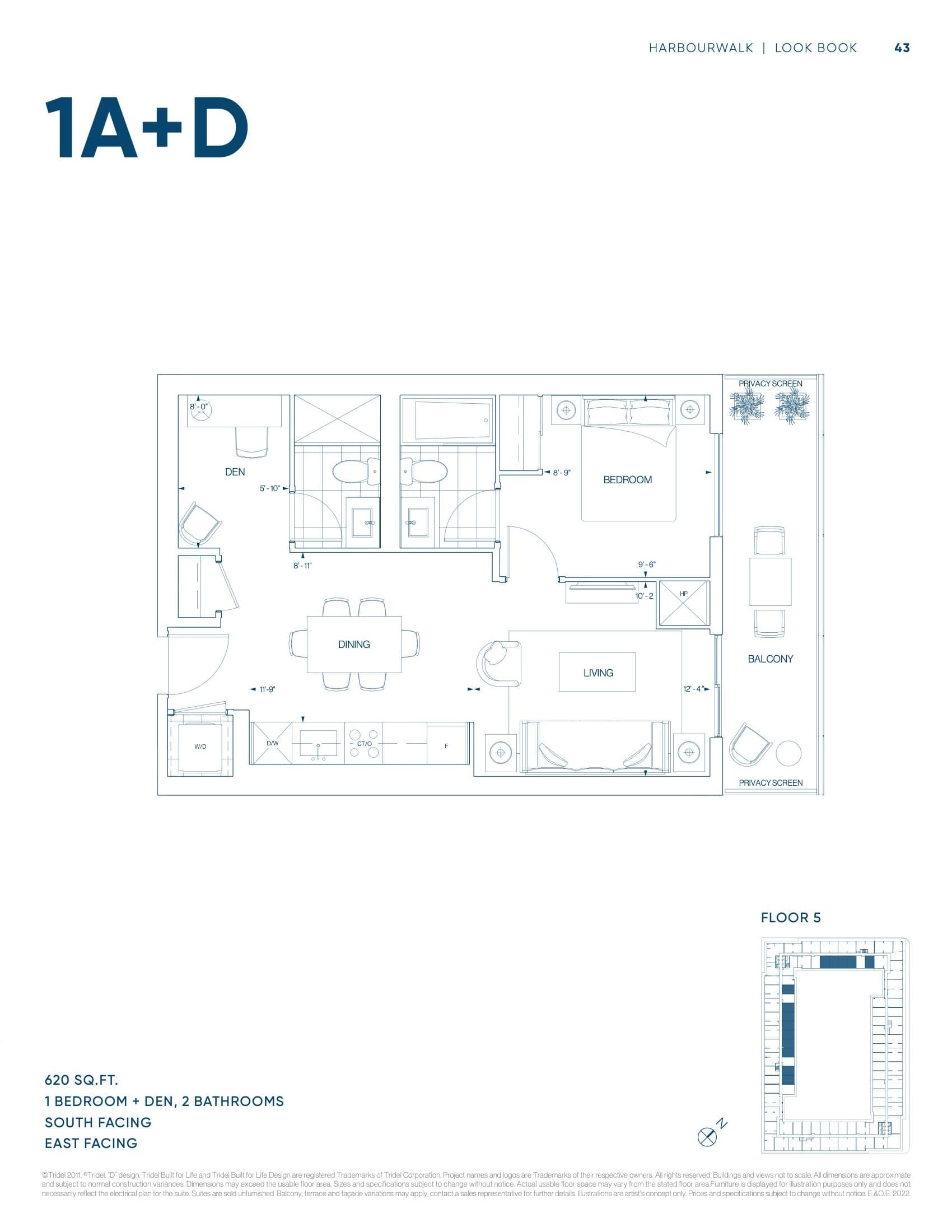 Suite 1A+D Floor Plan at Harbourwalk at Lakeview Village Condos - 620 sq.ft