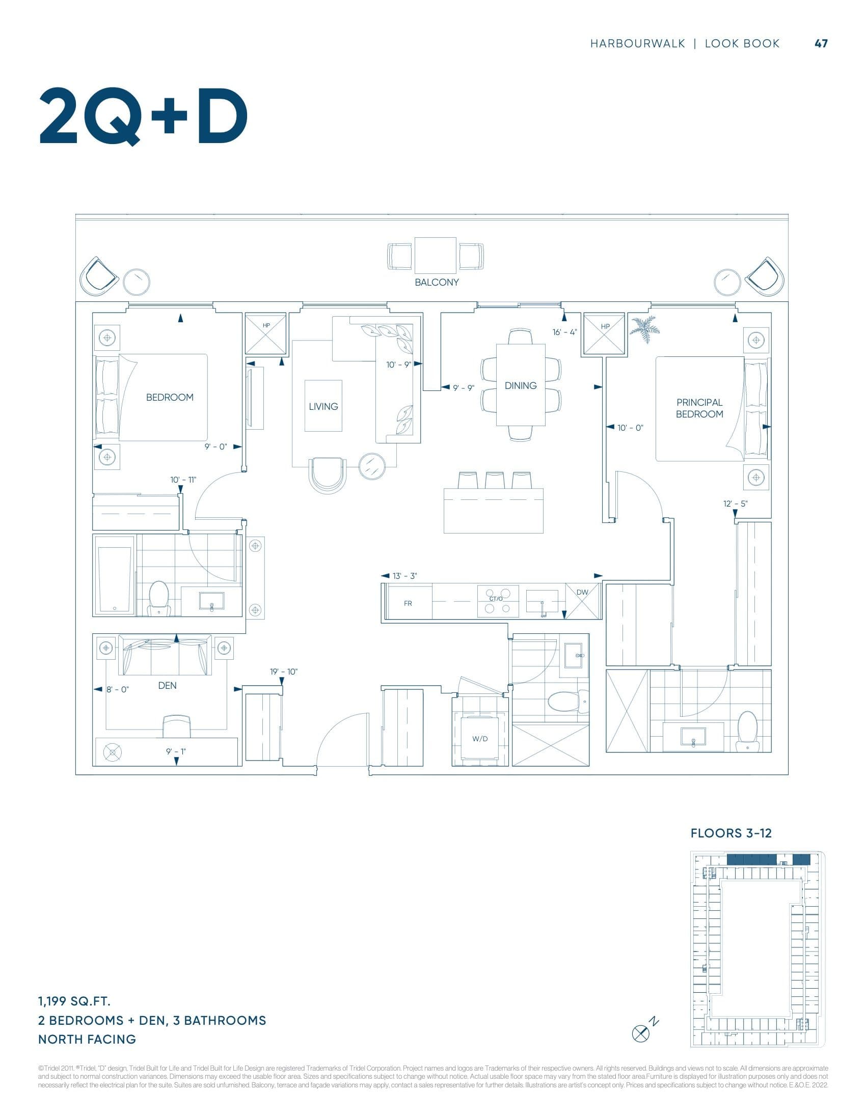 Suite 2Q+D Floor Plan at Harbourwalk at Lakeview Village Condos - 1199 sq.ft
