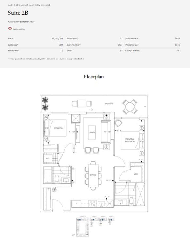 Suite 2B Floor Plan at Harbourwalk at Lakeview Village Condos - 900 sq.ft