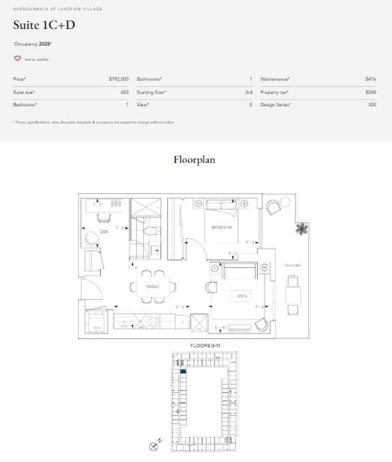Suite 1C+D Floor Plan at Harbourwalk at Lakeview Village Condos - 603 sq.ft