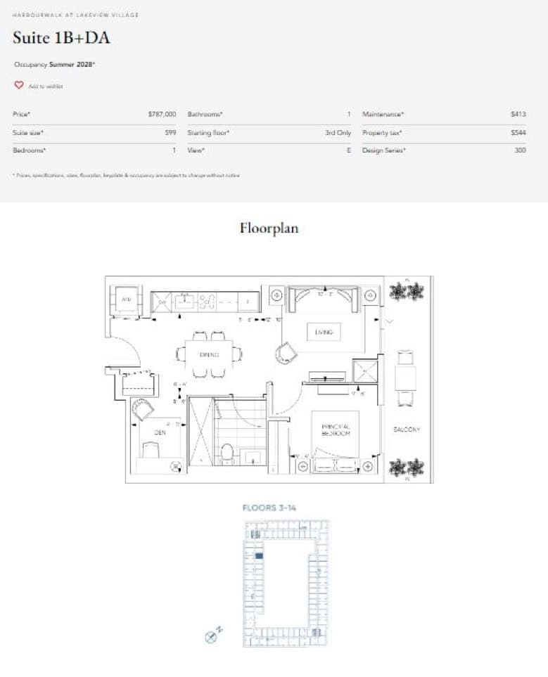 Suite 1B+DA Floor Plan at Harbourwalk at Lakeview Village Condos - 599 sq.ft