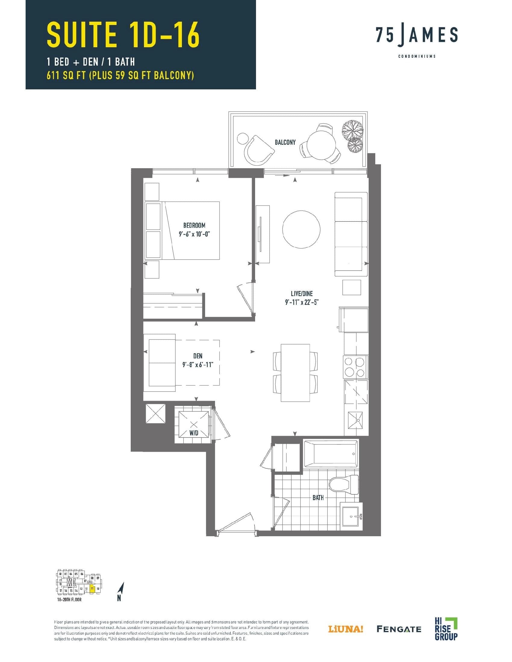 1D-16 Floor Plan at 75 James Condos - 611 sq.ft