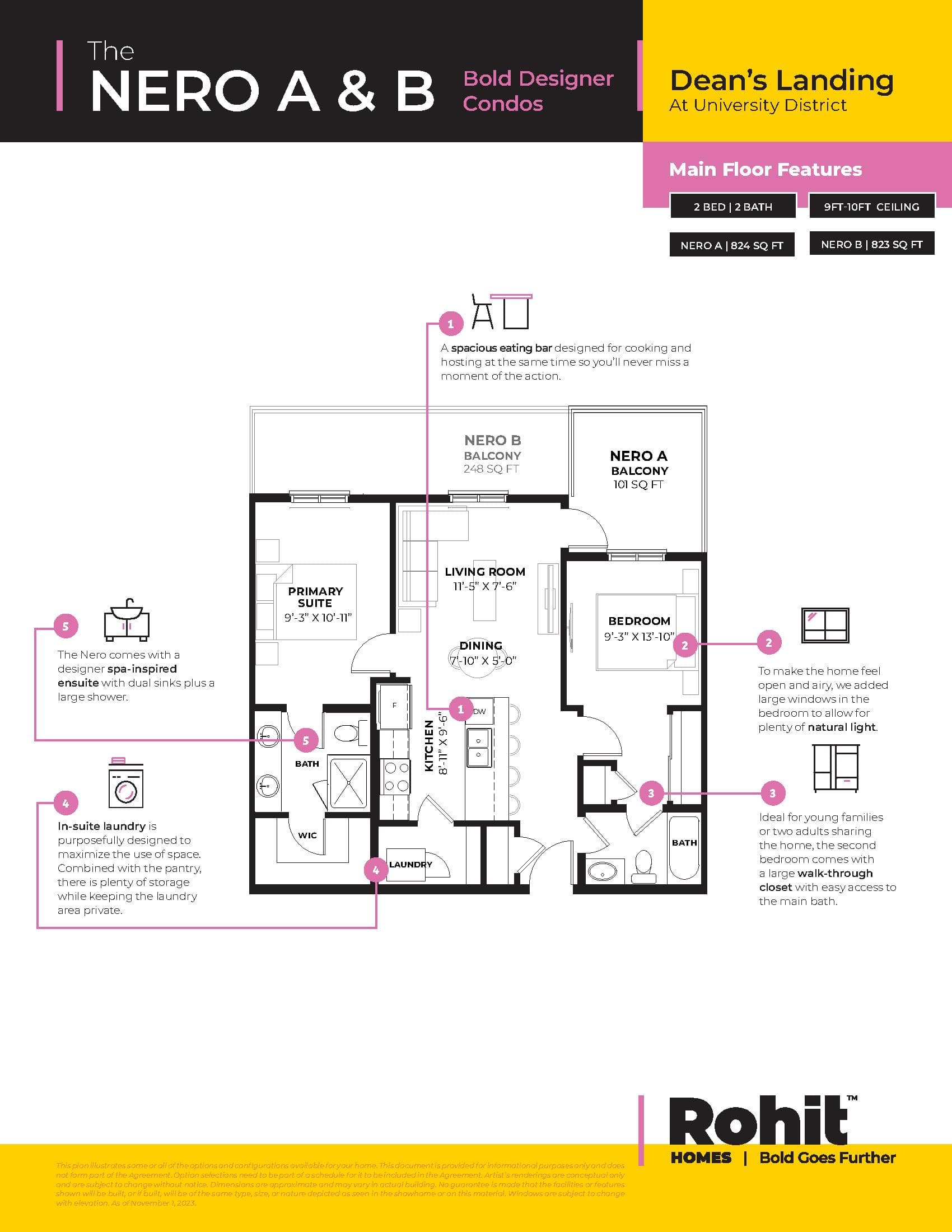 The Nero A & B Floor Plan at Dean's Landing at University District Towns - 824 sq.ft