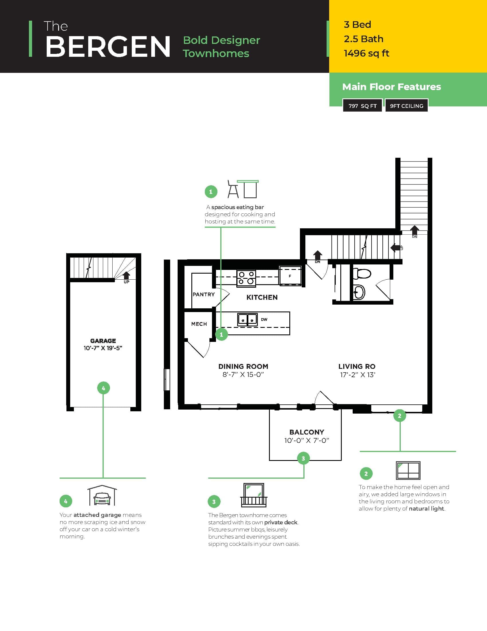 The Bergen (3bd) Floor Plan at Seton 116 Towns - 1496 sq.ft