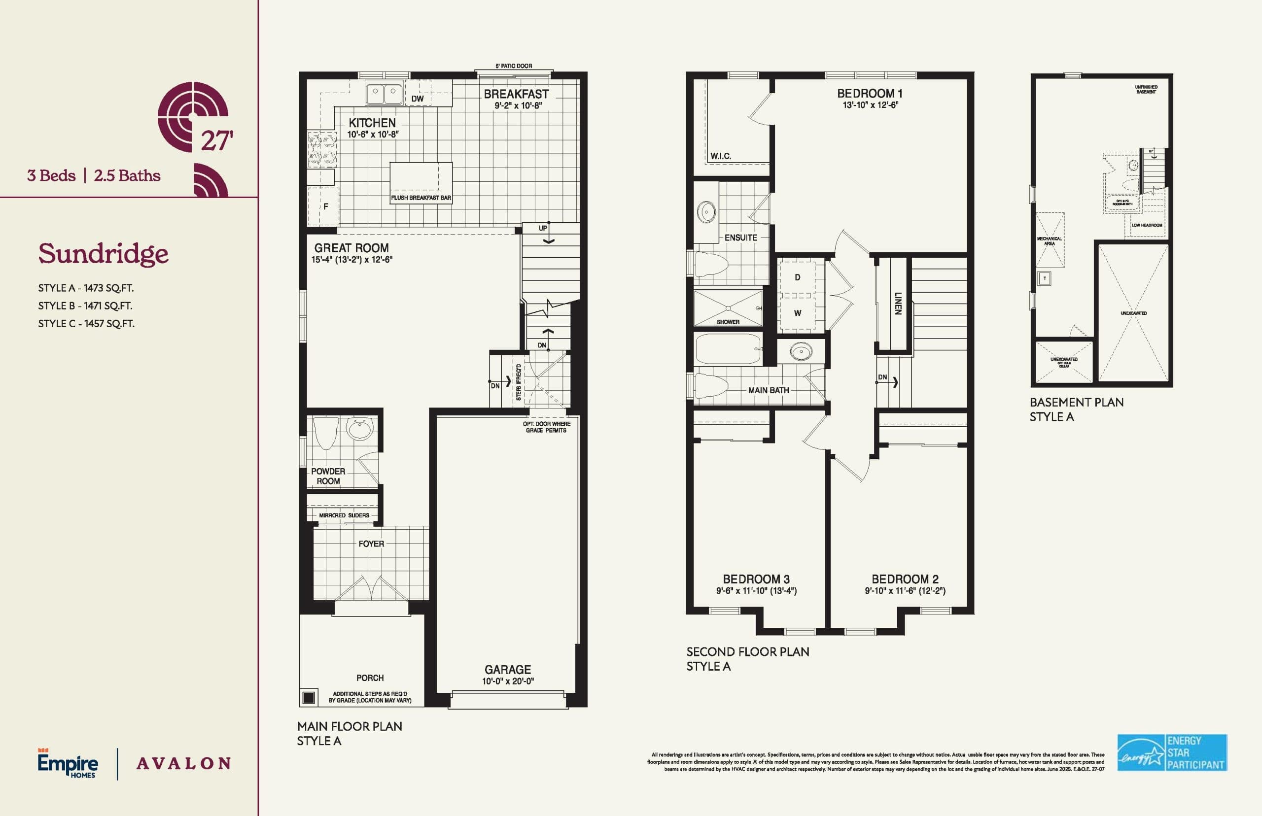 Sunridge 27' Floor Plan at Empire Avalon Phase 9 Towns - 1473 sq.ft